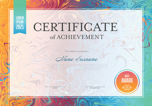Modern certificate template with vivid fresh abstract marble shapes border