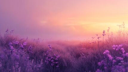 Roam through a twilight meadow of lavender and gold, an abstract interpretation of a serene dusk where soft gradients mingle in a harmonious blend of tranquility.  - obrazy, fototapety, plakaty