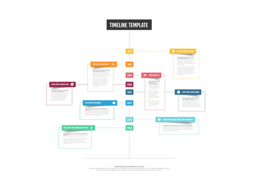 Vertical Infographic timeline template with dotted time line and color content blocks with icons