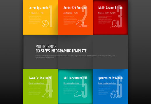 Six steps instructions template with description and icons in colorful mosaic 