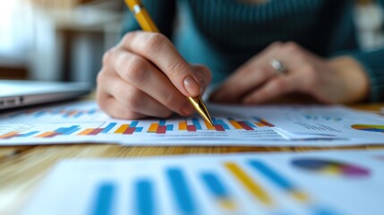 Close-up of a market researcher conducting a survey on consumer trends, with focus on the questionnaire and analysis charts