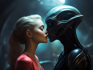 An alien kissing his human girlfriend - Generative AI