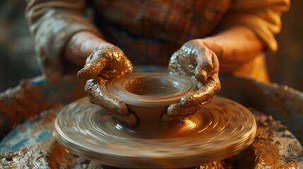 Close-up of a sculptor's hands molding clay on a wheel, with the focus on the texture and motion - obrazy, fototapety, plakaty