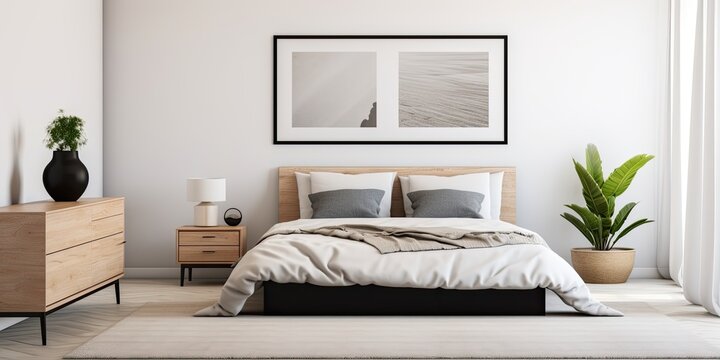Minimal Scandinavian bedroom interior with black-framed posters, elegant dresser, and warm carpet on white wall.