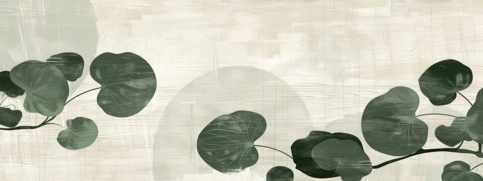 Fototapeta Abstract japandi design painting background art illustration - Eucalyptus leaves on mint green white texture, minimalist japanese scandinavian style