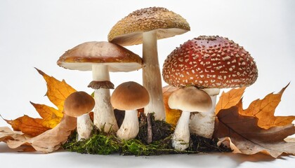 many toadstools with dry leaves at various angles on white background