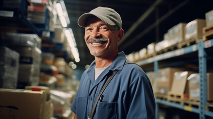 Fototapeta na wymiar Portrait of a mature logistic man wearing a cap and uniform in a warehouse and looking at the camera