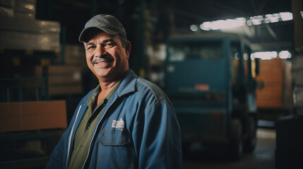 Portrait of a mature logistic man wearing a cap and uniform in a warehouse and looking at the camera