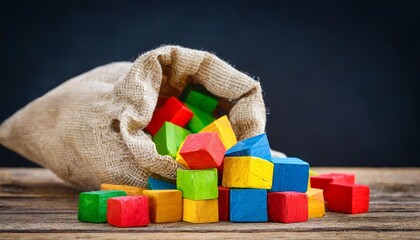wooden colored blocks poured out of bag shallow dof - obrazy, fototapety, plakaty