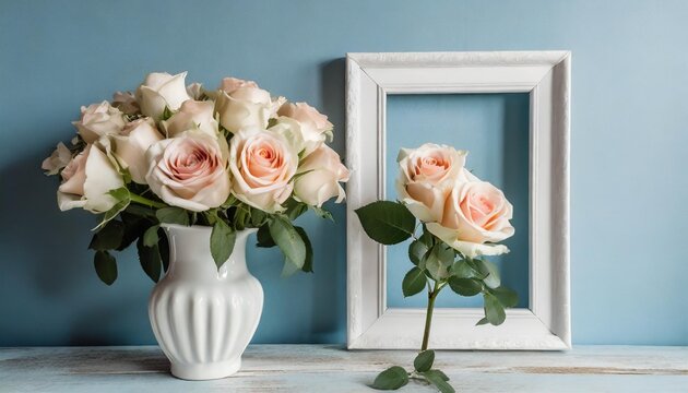 simple white photo frame mockup with bouquet of roses in a simple elegant blue pastel background