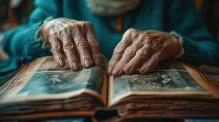 Family photo album being browsed by multi-generational hands, close-up on old and young fingers turning pages