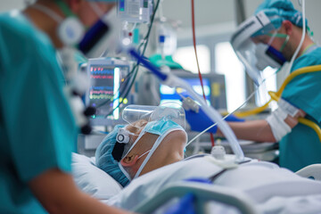 Patient is in comatose during intensive care at an intensive care unit ICU hospital AI Generative
