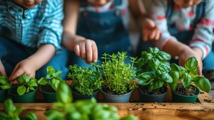 Family planting an indoor herb garden, close-up on small hands placing seeds in pots, home life - obrazy, fototapety, plakaty