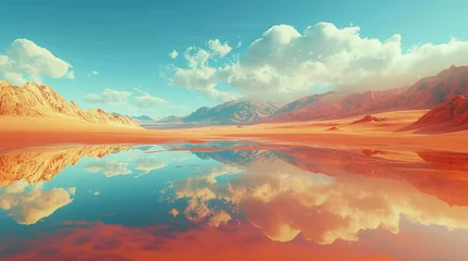 Abwaschbare Fototapete Backstein Step into a surreal desert landscape of copper and turquoise, an abstract mirage where warm and cool tones converge, creating a mirroring effect in the vast expanse. 