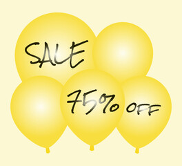 Sale and 75% off written in pen on yellow balloons.