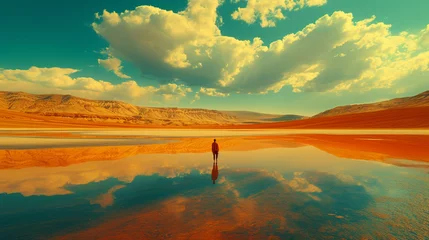 Rolgordijnen Step into a surreal desert of ochre and turquoise, an abstract mirage where warm and cool tones converge, creating a mirroring effect in the vast expanse.  © Dani Shah 