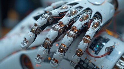 Robotics engineer fine-tuning a robot hand, close-up on the intricate wiring and tools