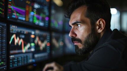 Trader executing trades on a multi-screen trading setup, close-up on the intense focus and rapid movements - obrazy, fototapety, plakaty