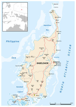 Vector road map of Babeldaob Island, Palau, Caroline Islands