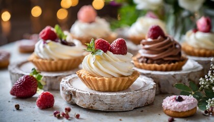 Obraz na płótnie Canvas fresh appetizing sweet desserts close up on a decorated festive buffet table