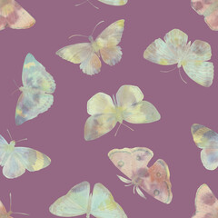 Abstract vintage print with colored butterflies, on a purple background. Watercolor seamless background. Hand drawn marble illustration. Mixed media art
