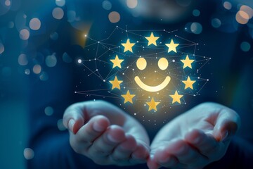 Conjoint buoyant uplift emojis. Verified reviews client media communication manipulate smiles happy faces. Neon glowing star emojis, star ratings, handicraft joyful and light happy lucky smiley faces. - obrazy, fototapety, plakaty