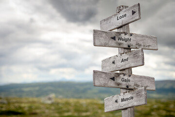 lose weight and gain muscle five word quote on wooden signpost outdoors in nature.