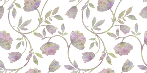 Abstract flower with leaves drawn in watercolor on a white background for wrapping paper, wallpaper, textiles