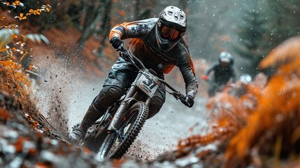 Mountain biker riding a mountain bike along a trail in the forest