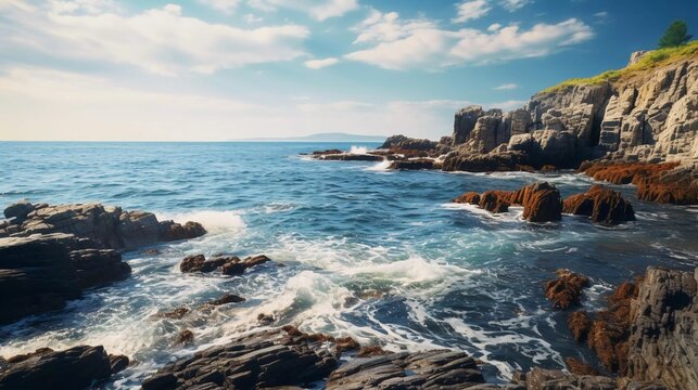 realistic photo Atlantic Ocean landscape with rocks in the afternoon. generative ai