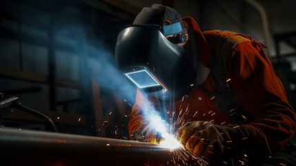 A welder in protective gear is welding metal, emitting bright light and sparks, in a dark industrial setting, ai generative - Powered by Adobe