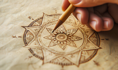 Hand drawing pencil sketch of the rangoli pattern on the paper. Hinduism religion and calligraphy concept. For Ugadi, Gudi Padwa Hindu New Year celebration. Close-up shot for banner, wallpaper, poster