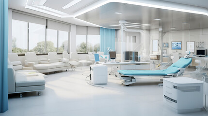 a modern, bright dental clinic with comfortable chairs, advanced equipment, and a serene atmosphere highlighted by natural light, ai generative