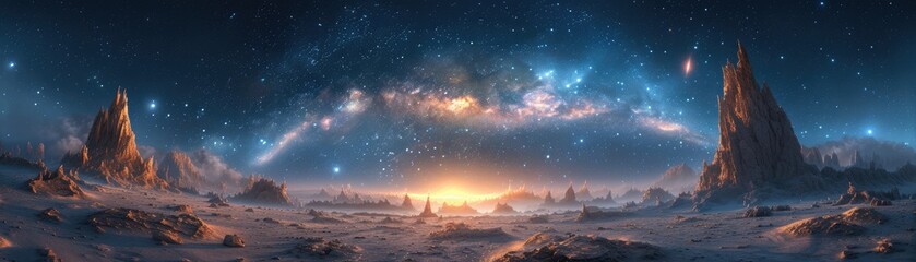 A breathtaking panoramic view of an alien landscape with towering spires under a star-filled galactic sky. - obrazy, fototapety, plakaty