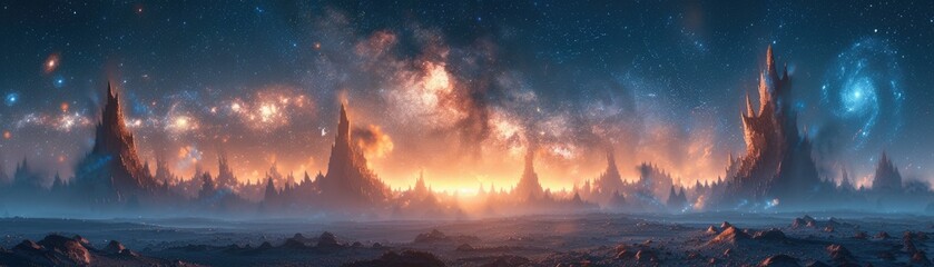 Transport yourself to another dimension with this breathtaking photo of an alien landscape featuring towering spires under a galactic sky. - obrazy, fototapety, plakaty