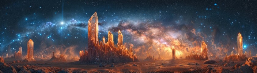 Explore the vastness of alien worlds with this awe-inspiring panoramic view of a towering spired landscape under a star-filled galactic sky. - obrazy, fototapety, plakaty