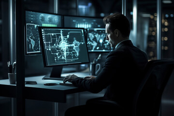 man working at a multi-monitor computer setup, displaying complex data, in a dark, modern environment, ai generative