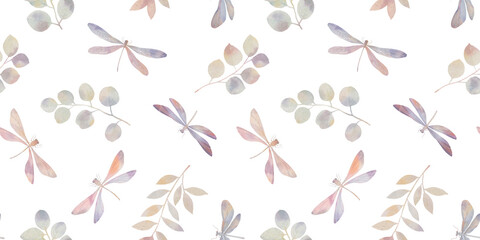 Dragonflies and leaves, abstract seamless pattern drawn in watercolor isolated on white background