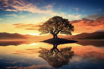 Printed roller blinds Reflection a serene scene of a lone tree on a small island, reflected in calm water under a vibrant sunset sky, ai generative