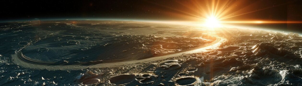 The sun rises over the rugged, icy surface of an exoplanet, casting a warm glow on the