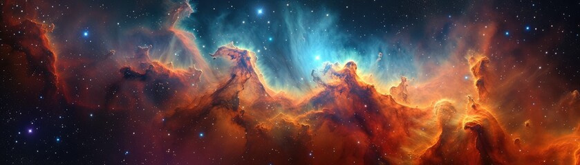 Add a touch of wonder to your home decor with this panoramic photo of a nebula. - obrazy, fototapety, plakaty