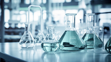 a modern laboratory with various glass beakers and flasks containing clear and green liquids on a countertop, illuminated by overhead lights. It suggests ongoing experiments or tests, ai generative