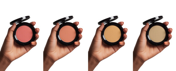 Variety of compact face powders in open cases held by a female hand with manicured nails, isolated on transparent background - obrazy, fototapety, plakaty