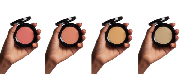 Variety of compact face powders in open cases held by a female hand with manicured nails, isolated on transparent background