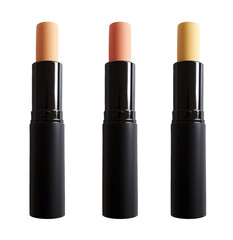 Obraz premium Three concealer sticks in neutral shades isolated on a transparent background, cosmetic and makeup concept
