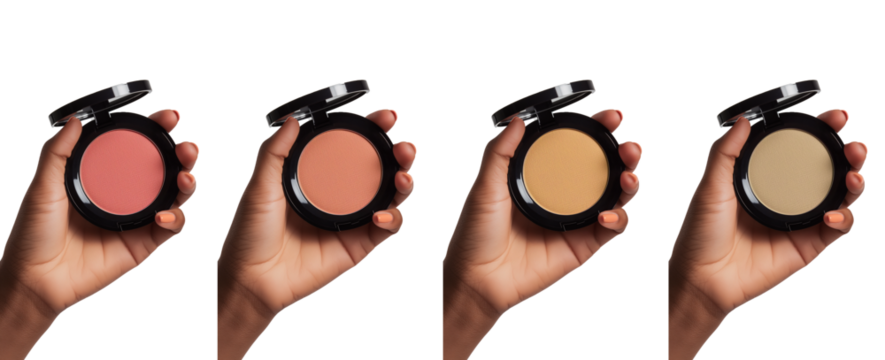Variety of compact face powders in open cases held by a female hand with manicured nails, isolated on transparent background