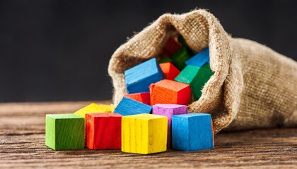 wooden colored blocks poured out of bag shallow dof - obrazy, fototapety, plakaty
