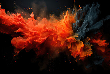 Abstract orange powder explosion. Closeup of red dust particle splash on black background