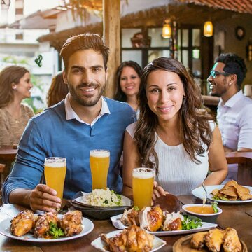 Pessoas alegres no bar &agrave; noite com por&ccedil;&otilde;es de frango na mesa