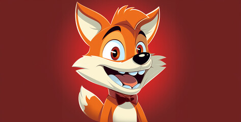 Cute cartoon fox on a red background. Vector illustration of a cute fox.funny cartoon fox on red background, vector illustration, eps